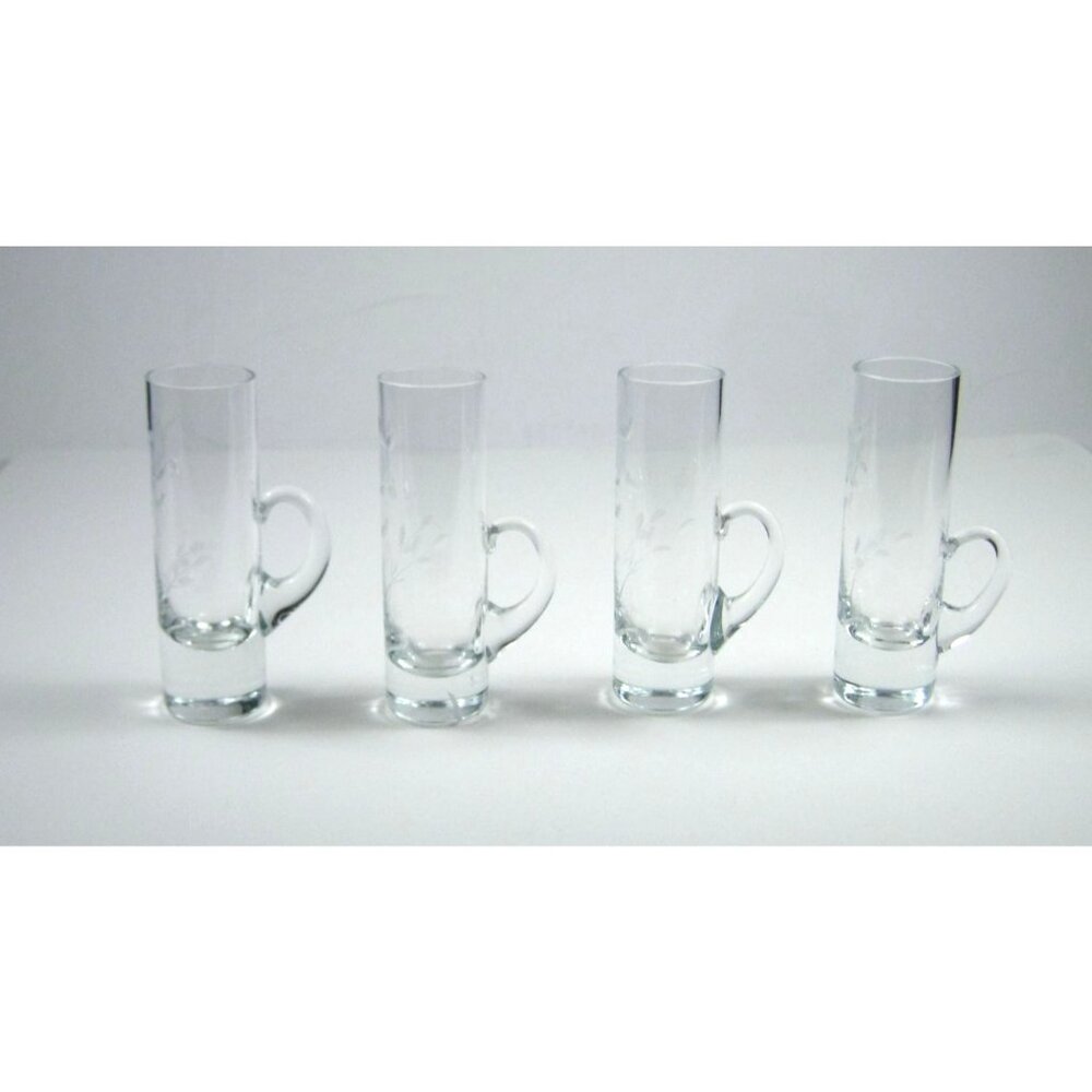 Set Of 4 Vintage Etched Glass Espresso Shot Mugs Hot Toddy Barware